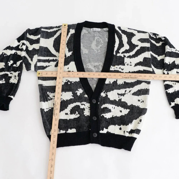 Vintage 90S Koman Black And Cream Knit Button Up  Cardigan Sweater Medium - Picture 3 of 9